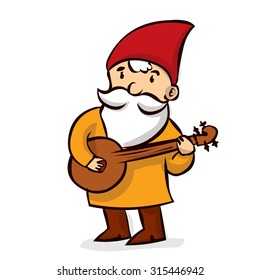 Hand drawn garden gnome playing on Mandalina. Cartoon vector illustration.