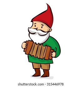 Hand drawn garden gnome playing the accordion. Cartoon vector illustration.