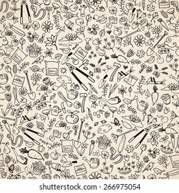 hand drawn garden icons seamless background, vector illustration