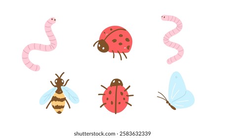 Hand Drawn Garden Insects. Cute Drawing of Worm, Ladybug, Bee and Butterfly. Children Book Illustration. 