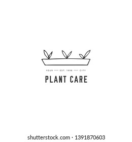 Hand drawn garden isolated illustration. Vector premade logo template, sprouts in a pot. For business branding and identity, for farmers and plant care companies, for blogs and websites.