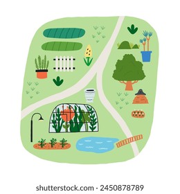 Hand Drawn Garden Mini Map. Botanical Vector illustration 