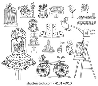 hand drawn garden set. Garden instruments.girl with flowers. birds,bike,pies