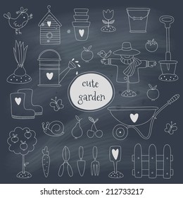 Hand drawn garden set on blackboard. EPS 10. Transparency. No gradients.