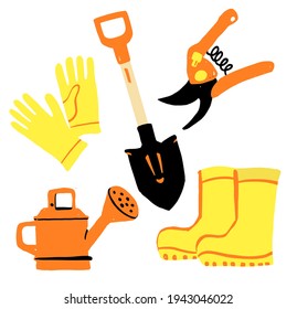 hand drawn garden tool vector gardening equipment set, shovel, watering can, scissors, gloves and boots. gardener collection farm or agriculture flat isolated on white background