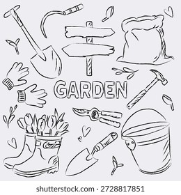 Herramientas de jardín dibujadas a mano Doodle Set para suministros de jardinería y equipos agrícolas 