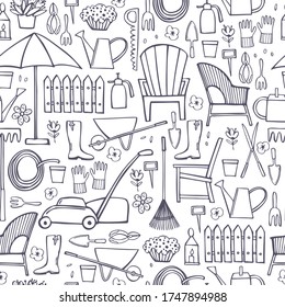 Hand drawn garden tools and  furniture. Vector seamless pattern