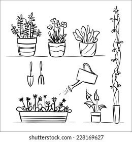 Hand drawn garden tools and plants