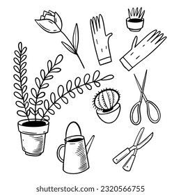 Hand drawn garden tools set. Black color line art sign. Vector illustration isolated on white background.