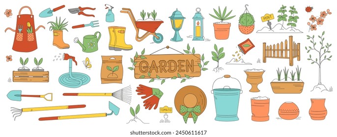 Hand drawn garden tools set background