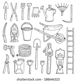 Hand drawn garden tools, Spring gardening, sketch