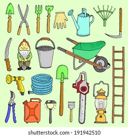 Hand drawn garden tools, Spring gardening, sketch