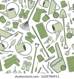 Hand drawn garden tools. Vector  seamless pattern 