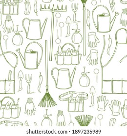 Hand drawn garden tools. Vector  seamless pattern.