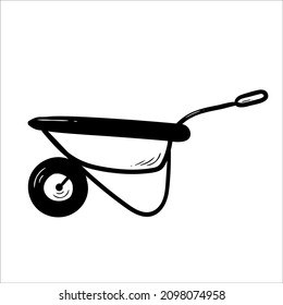 Hand drawn garden wheelbarrow. Doodle sketch style vector illustration. Drawing line simple wheelbarrow icon isolated on white background.