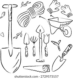Hand Drawn Gardener Tools Doodle Set Isolated on White Background for Garden Design