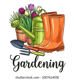 Hand drawn gardening banner. Watering can, flowers in pots, garden tools and rubber boots in sketch style. Vector illustration.