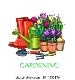 Hand drawn gardening banner. Watering can, flowers in pots, crocus, hyacinth, garden tools and rubber boots in sketch style. Vector illustration.