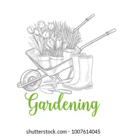 Hand drawn gardening banner. Wheelbarrow, flowers, rubber boots and garden tools in a sketch style. Vector isolated llustration.