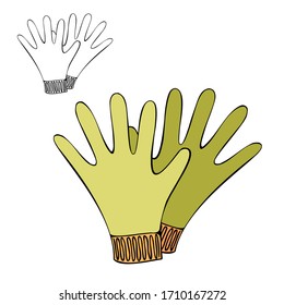 Hand drawn gardening gloves in color and in black outline style. Vector illustration.