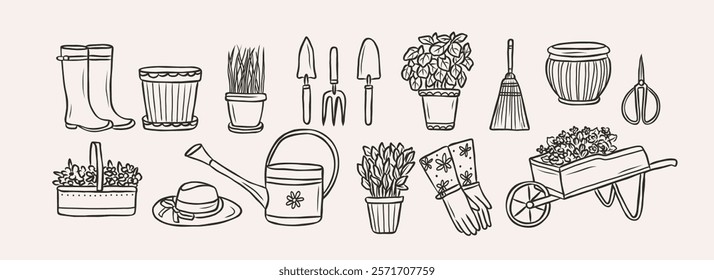 Hand drawn gardening tools collection. Cottagecore style