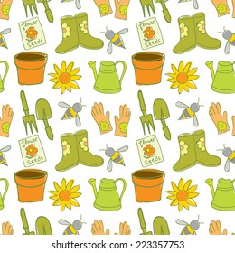 Hand Drawn Gardening Tools and Elements Seamless Pattern