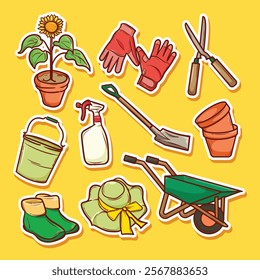 Hand drawn gardening tools elements collection vector