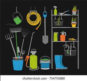 Hand drawn gardening tools and potted plants storing on shelving, standing and hanging beside it on black background. Inside closet or shed for storage of agricultural equipment. Vector illustration.