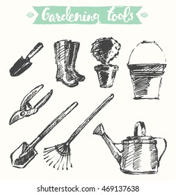 Hand drawn gardening tools, vector illustration, sketch
