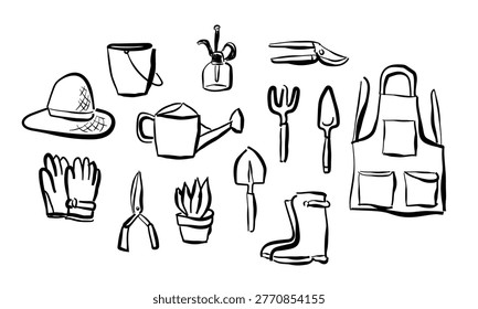 Hand Drawn Gardening tools, Whimsical art spring gardening project. Drawing illustration for branding, advertising, posters, banners