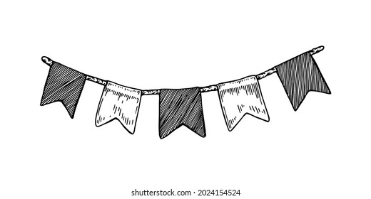 hand drawn garland with flags. Vector illustration in sketch style