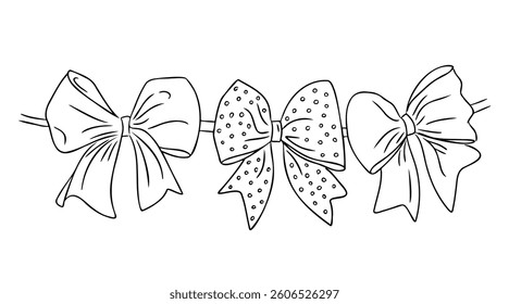 Hand drawn garland with three decorative bows in outline style on white background. Concept of festive decor, gift wrapping or coloring page for celebration themes
