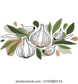 Hand drawn garlic bulbs with green leaves