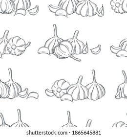 Hand drawn garlic on white background. 
Vector seamless pattern.