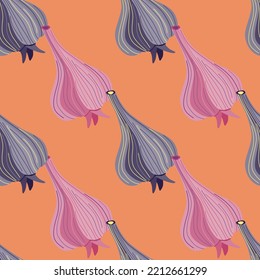 Hand drawn garlic seamless pattern. Doodle bulb of garlic endless wallpaper. Vegetarian healthy food backdrop. Design for fabric, textile print, wrapping paper. Vector illustration