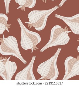 Patrón sin costuras de ajo dibujado a mano. Bombilla de cartón de ajo interminable. Fondo vegetariano de alimentos saludables. Diseño para tela, impresión textil, papel envolvente. Ilustración del vector