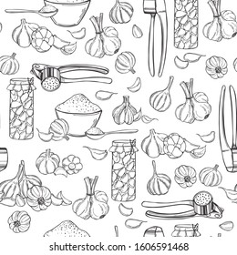 Hand drawn garlic set. Vector seamless pattern
