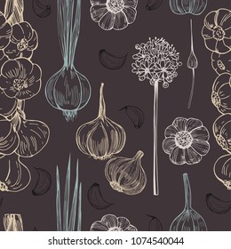 Hand drawn  garlic. Vector seamless pattern.  