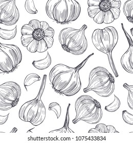 Hand drawn  garlic. Vector seamless pattern.  