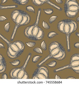Hand Drawn Garlic. Vintage Engrave Garlic Pattern Seamless Background. Vector illustration