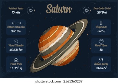 Hand drawn gas giant massive large  yellow brown Saturn planet with its scientifical characteristics