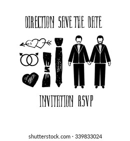 Hand drawn gay marriage design. Create your own invitation card, RSVP, save the date and direction. Simple and stylish.