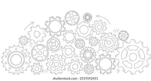 Hand drawn gear cogwheel arch. Doodle sketch style color gear mechanism. Concept of business idea, teamwork, progress background. Doodle cog