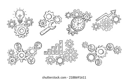 Equipo dibujado a mano. Bombilla de Idea, cartas de mecanismo financiero y juegos de vectores de reloj de tiempo. Trabajar partes de negocios para ganar dinero. Equipo de rotación industrial que muestra el progreso