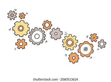 Hand drawn gear set. Doodle sketch style color gear mechanism. Concept of business idea, teamwork, progress background. Doodle cog vector illustration.