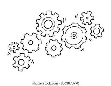 Hand drawn gear set. Doodle sketch style gear mechanism. Concept of business idea, teamwork, progress background. Doodle cog vector illustration.