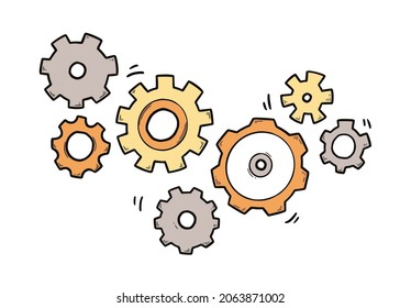 Hand drawn gear set. Doodle sketch style color gear mechanism. Concept of business idea, teamwork, progress background. Doodle cog vector illustration.