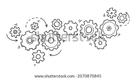 Hand drawn gear set. Doodle sketch style gear mechanism. Concept of business idea, teamwork, progress background. Doodle cog vector illustration.