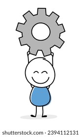 Hand drawn gear wheel symbol. Funny concept with a stickman holding icon. Cartoon style design. Vector illustration
