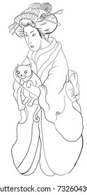 Hand drawn geisha girl and kitten.Japanese women in kimono with her cat.Traditional tattoo style.line art and doodle vector.